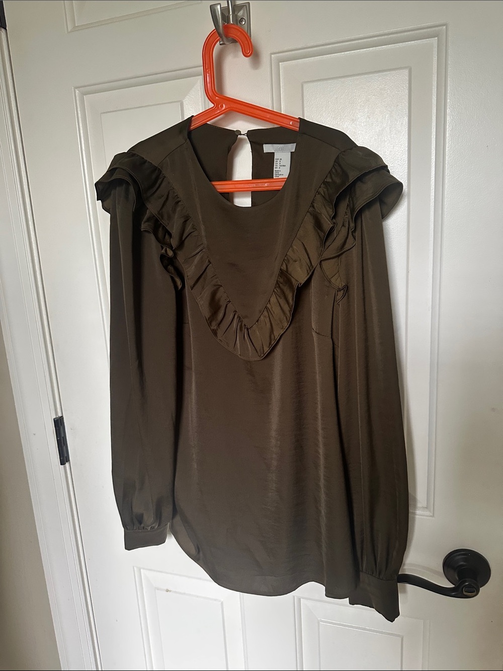 H&M Olive Ruffle V-Detail Long Sleeve Blouse